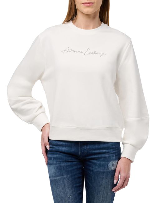 Emporio Armani White A | X Armani Exchange Rhinestone Script Logo Crewneck Pullover Sweatshirt