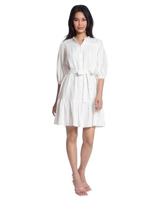 Maggy London White Puff Elbow Sleeve Waist Tie Tiered Hem Mini Dress