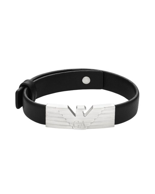Emporio Armani Silver Stainless Steel And Black Leather Strap Id Bracelet for men