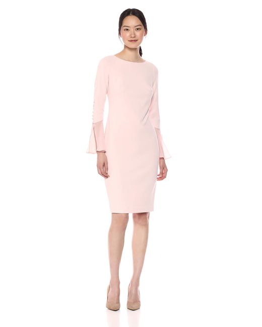 Calvin Klein Pink Solid Sheath With Chiffon Bell Sleeves Dress