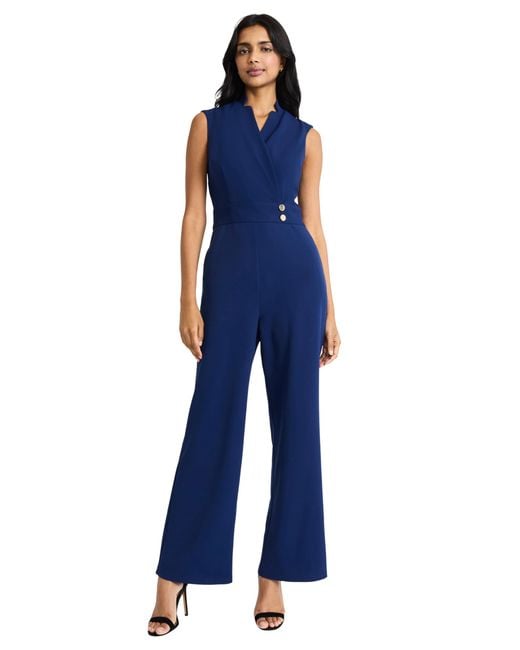 Maggy London Blue Sleeveless Wide-leg V-neck Wrap Bodice With Fitted Waist-elegant Formal Occasion Jumpsuit