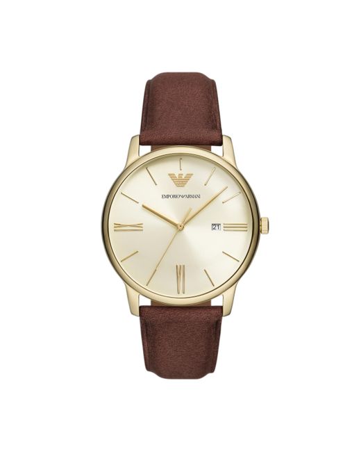 Emporio Armani Metallic Three-hand Date Gold And Brown Leather Band Watch for men