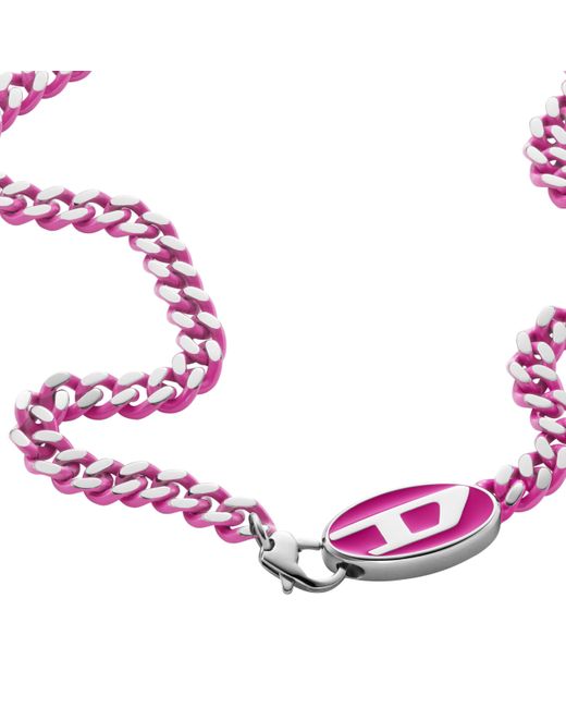 DIESEL Silver Stainless Steel And Pink Lacquer Logo Chain Necklace for men