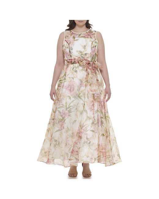 Eliza J Natural Plus Gown Style Floral Organza Sleeveless Jewel Neck Dress