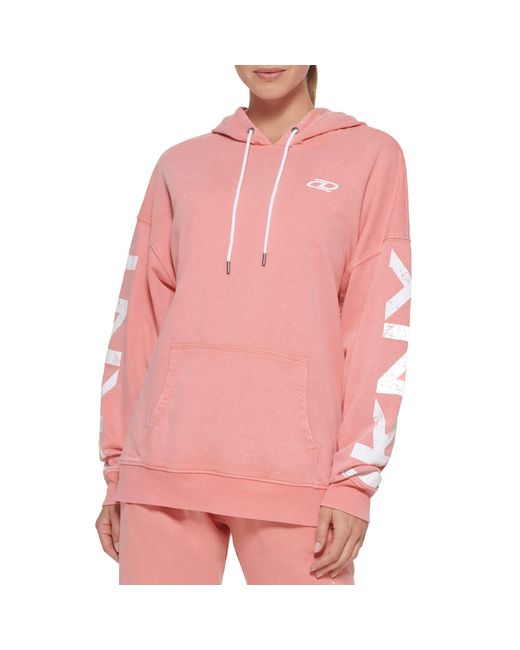 DKNY Pink Pocket Relaxed Fit Distressed Crackle Logo Hoodie