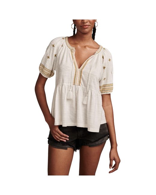 Lucky Brand White Easy Embroidered Babydoll Top