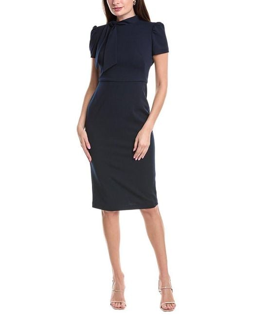 Maggy London Blue Dresses Midi Short Sleeve Sheath With Neck Tie Career Office Work Wear