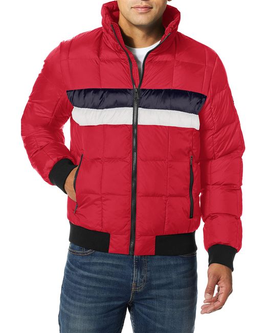 red quilted bomber jacket