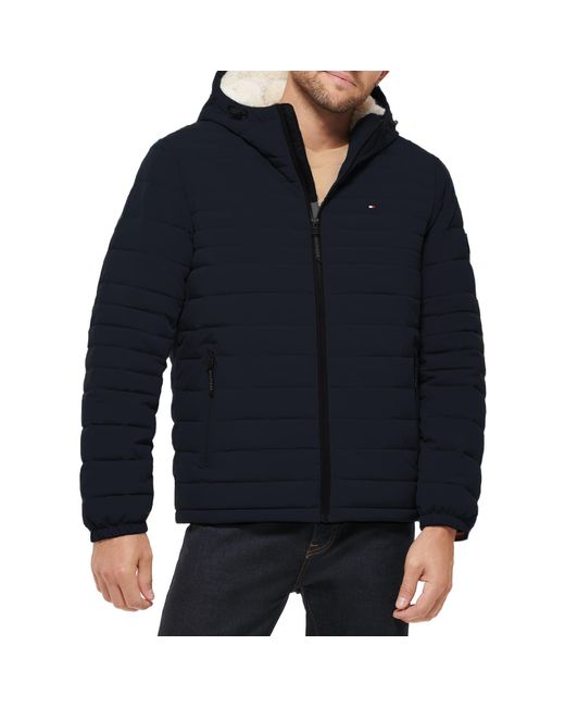 Tommy Hilfiger Blue Stretch Poly Hooded Packable Jacket With Sherpa Lining for men