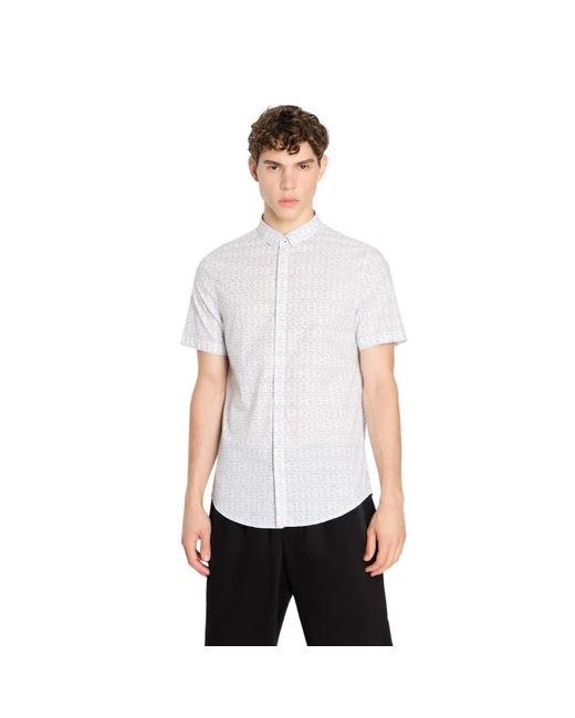 Emporio Armani White A | X Armani Exchange Slim Fit Stretch Cotton Poplin Printed Short Sleeve Woven Shirt for men