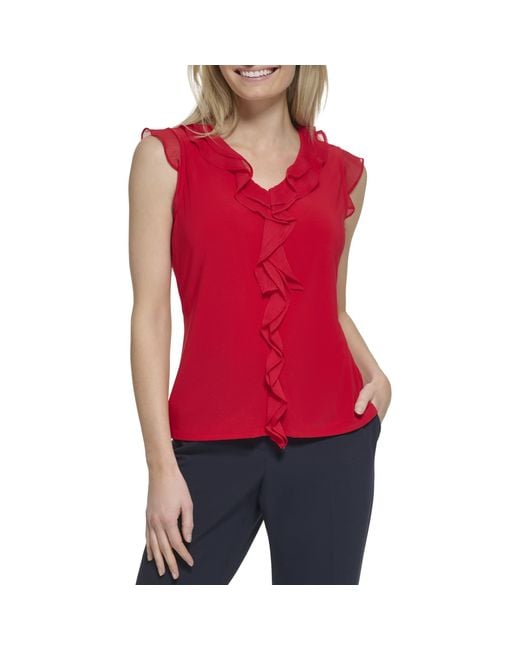 Tommy Hilfiger Red Work Sleeveless Ruffle Front Shirts
