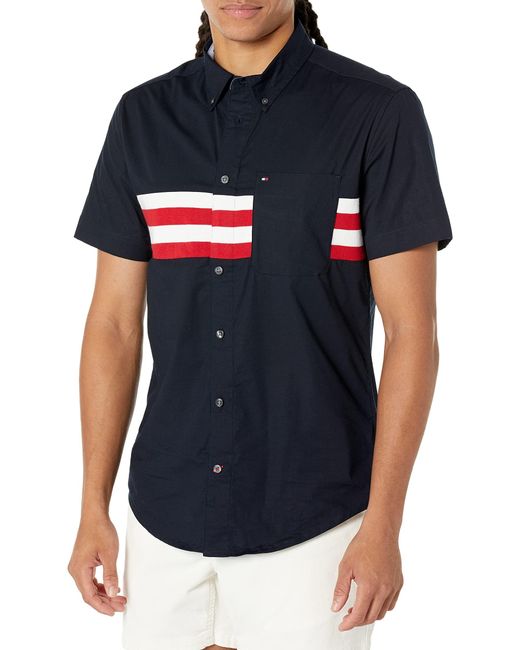Tommy Hilfiger Blue Adaptive Slim Fit Double Stripe Short Sleeve Shirt for men