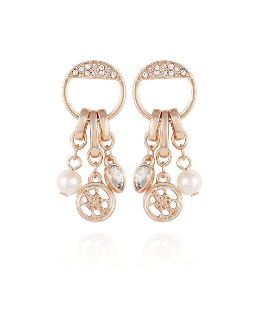 Guess Metallic Pearl And Stone Charm Cluster Logo Drop Earrings Goldtone