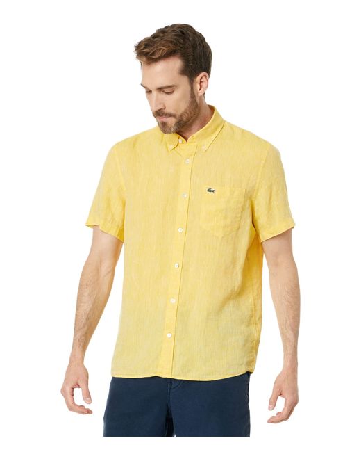Lacoste Yellow Short Sleeve Regular Fit Linen Casual Button-down Shirt With Front Pocket for men