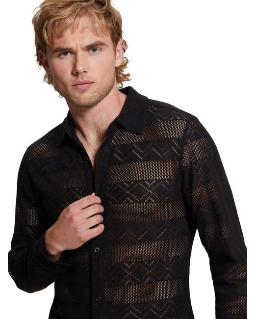 Guess Black Long Sleeve Geo Crochet Shirt for men