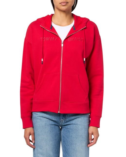 Tommy Hilfiger Performance Zip-front Fleece Jacket With Hood,rich Red,s