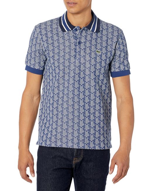 Lacoste Blue Short Sleeve Allover Monogram Polo Shirt for men
