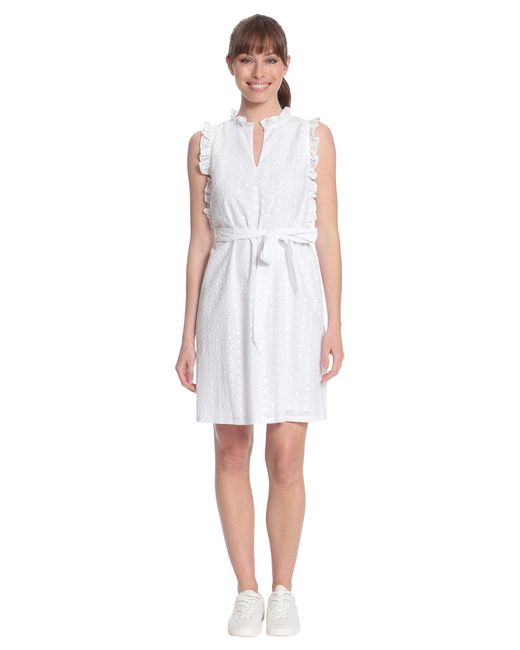 Maggy London White London Times Ruffle Neck And Armhole Dress With Waist Tie