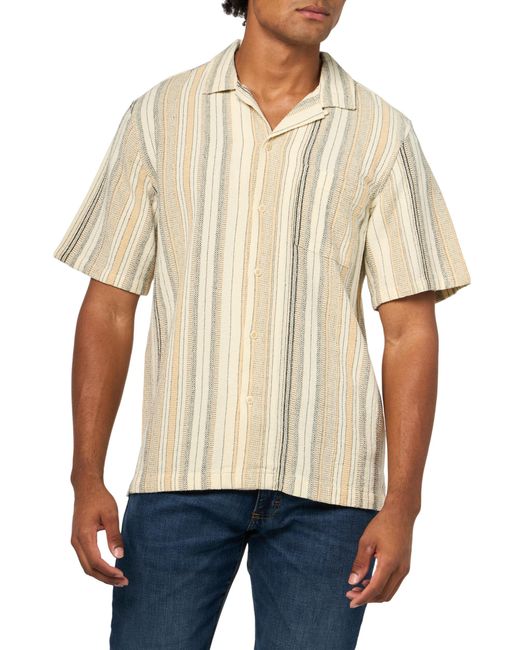 Lucky Brand Natural Striped Short Sleeve Camp Collar Shirt for men