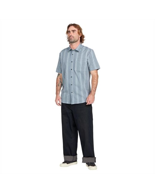 Volcom Blue Newbar Stripe Short Sleeve Button Down Shirt for men