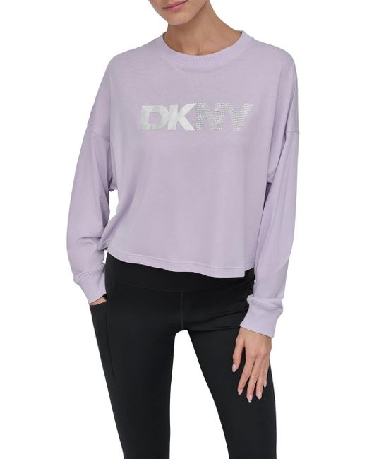 DKNY Gray Long Sleeve Logo Foil Rhinestone Soft Casual Tee