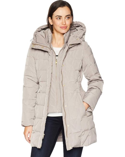 Cole Haan Natural Taffeta Down Coat With Bib Front And Dramatic Hood