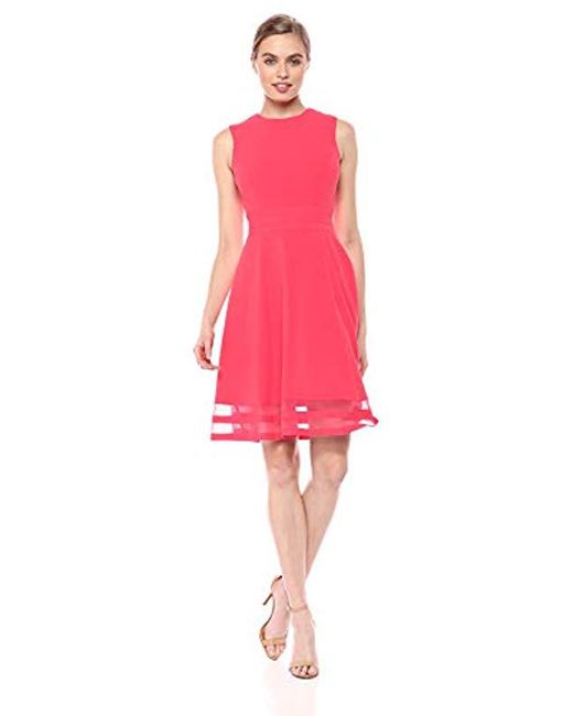 Lyst Calvin Klein Sleeveless Round Neck Fit And Flare Dress With Sheer Inserts In Pink