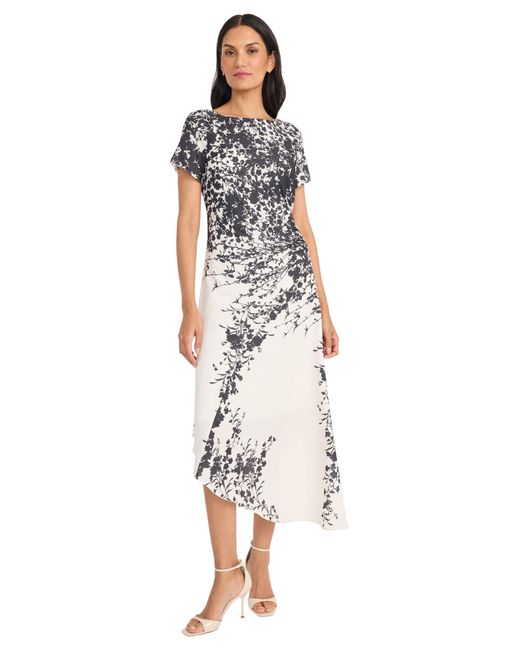 Maggy London White Ruched Waist Asymmetrical Midi Boat Neck Short Sleeve-special Occasion Wedding Guest Dress