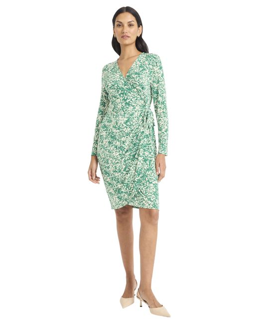 Maggy London Green Long Sleeve Wrap V-neck Knee Length Fitted Silhouette Dress With Tie Closure-matte Jersey
