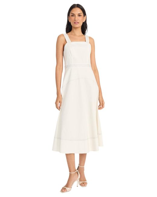 Maggy London Women's White Square Neck Midi Contrast Stitching-a-line  Seamed Bodice Formal Wedding Guest Cocktail Dress