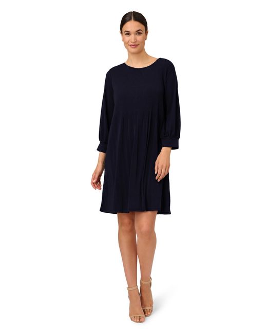 Adrianna Papell Blue Pleated Knit Crew Neck Dress