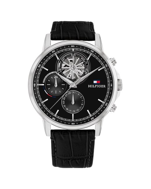 Tommy Hilfiger Black Multifunction Leather Wristwatch - Water Resistant Up To 5 Atm/50 Meters - Premium Fashion Timepiece For All Occasions for men