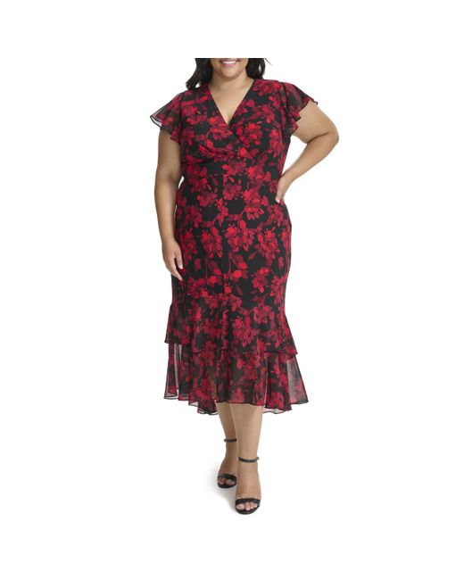 Tommy Hilfiger Flutter Sleeve High Low Tiered Skirt Dress