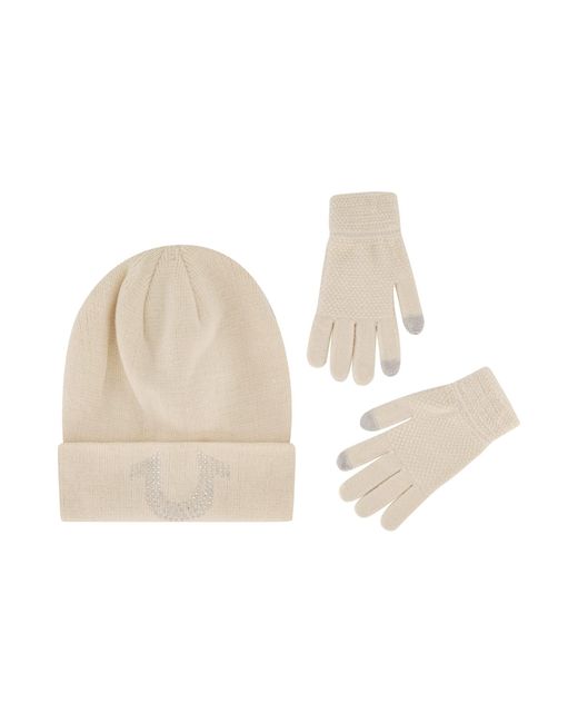 True Religion Natural Beanie Hat And Touchscreen Glove Set