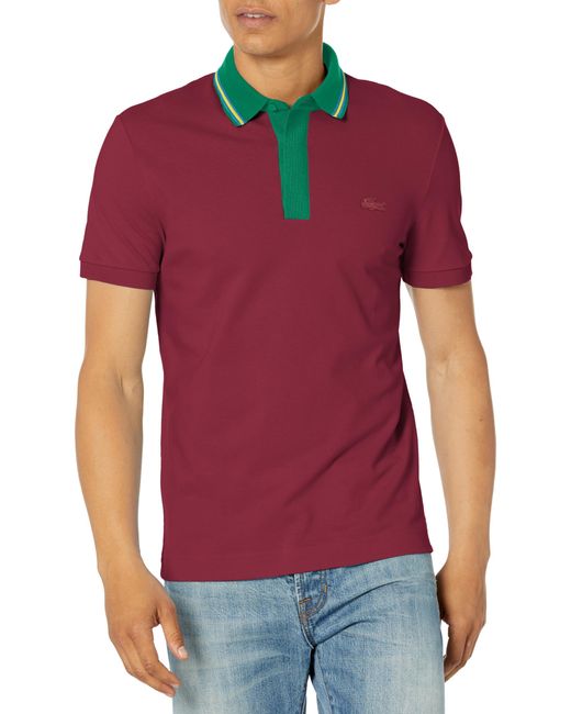 Lacoste Red Short Sleeve Regular Fit Striped Neck Polo Shirt for men