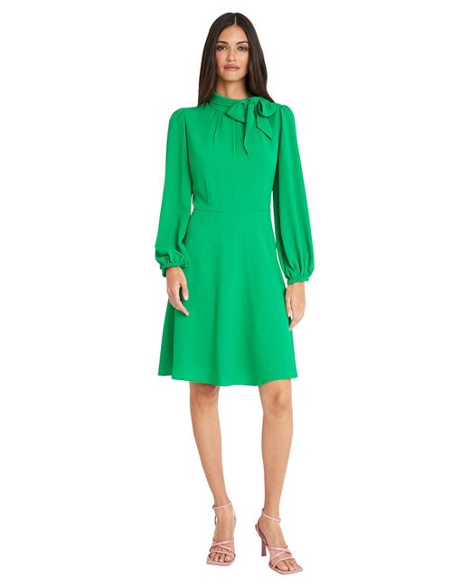 Maggy London Green Long Sleeve Tie Neck Fit And Flare Dress