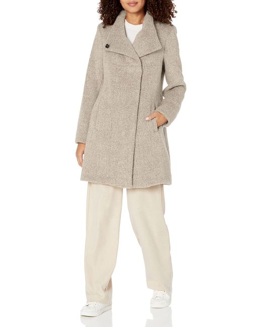 Kenneth Cole Natural Asymmetrical Pressed Boucle Wool Coat