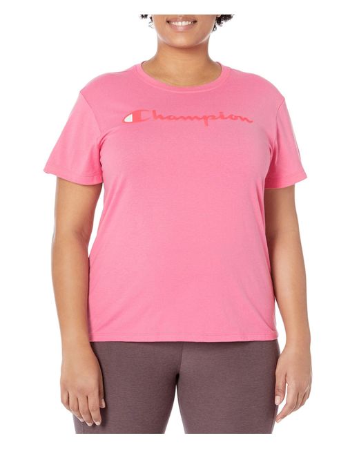 Champion , Classic Cotton-blend, Crewneck Tee, Jersey T-shirt, Script Logo, Pink Ribbon-y08113, Small