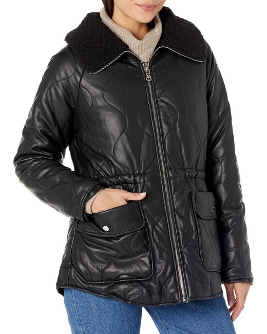 Kenneth Cole Black Faux Leather Sherpa Lined Collar Jacket