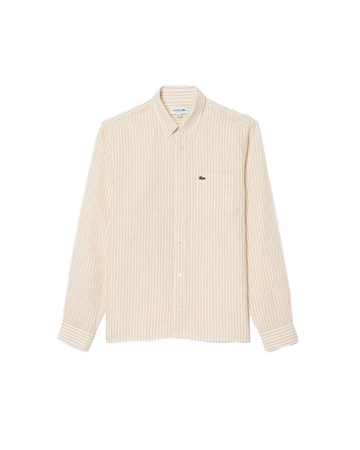 Lacoste Natural Long Sleeve Regular Fit Linen Casual Button Down Shirt W/front Pocket for men