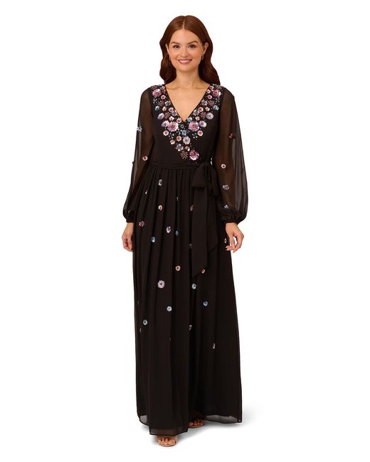 Adrianna Papell Black Beaded Long Sleeve Gown