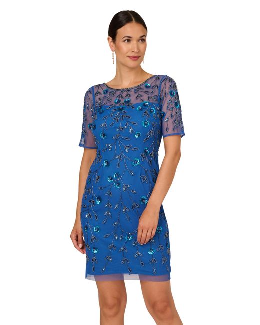 Adrianna Papell Blue Beaded Floral Short Dress