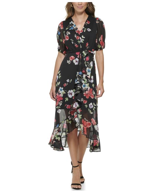 DKNY Black Ruffle Hem V-neck Puff Sleeve Dress