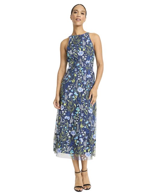 Maggy London Blue Garden Embroidered Mesh Halter Midi Dress-perfect For Wedding Guest & Special Occasions