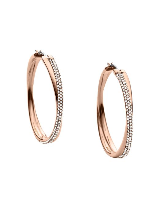 Michael Kors Metallic Pave Rose Gold Tone Cross Over Hoop Earrings