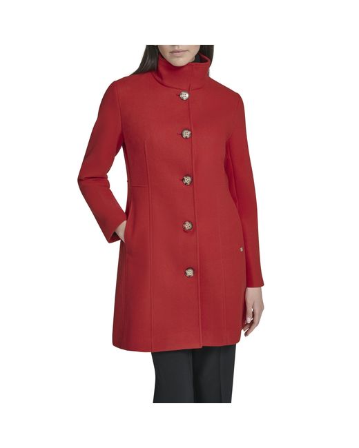 Calvin Klein Red Faux Wool Coat – Long Button Front Dress Coat With Stand