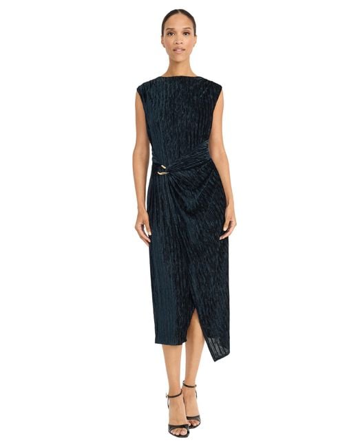 Maggy London Blue Sleeveless Midi Textured Pleated Fabric And Side Draping Detail-s Formal Dress