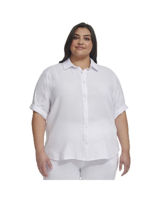 DKNY White Size Plus Garment Dye Classic Roll Tab Sleeve Button Front Shirt