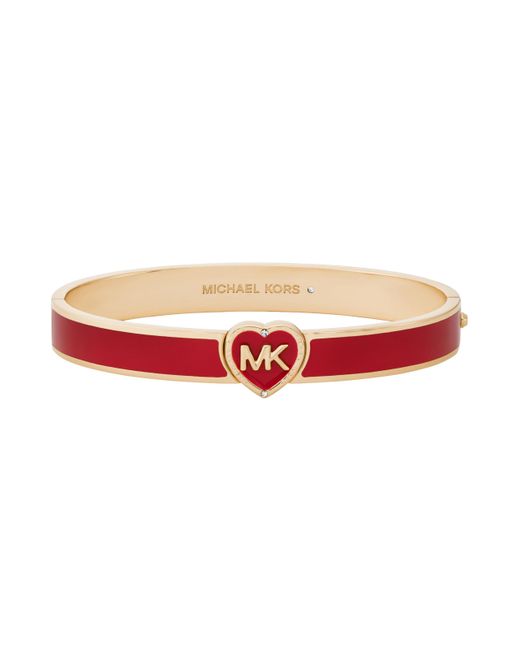 Michael Kors Mk Heart Logo Red And Gold-tone Brass Bangle Bracelet