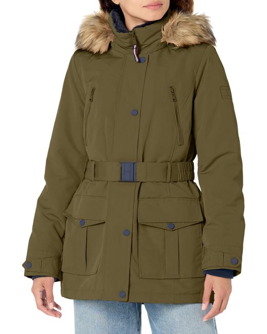 Tommy Hilfiger Green Tactical Cold Weather Belted Jacket Down Alternative Coat